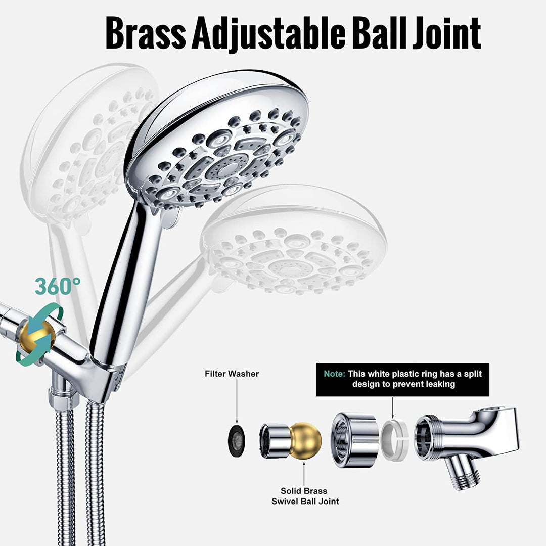 Shower Head,  6-Settings 5" High Pressure Handheld Shower Head Set with 2.45 Meter/96 Inch/ 8 FT Long Shower Hose and Shower Arm Mount with Brass Ball Joint,Chrome