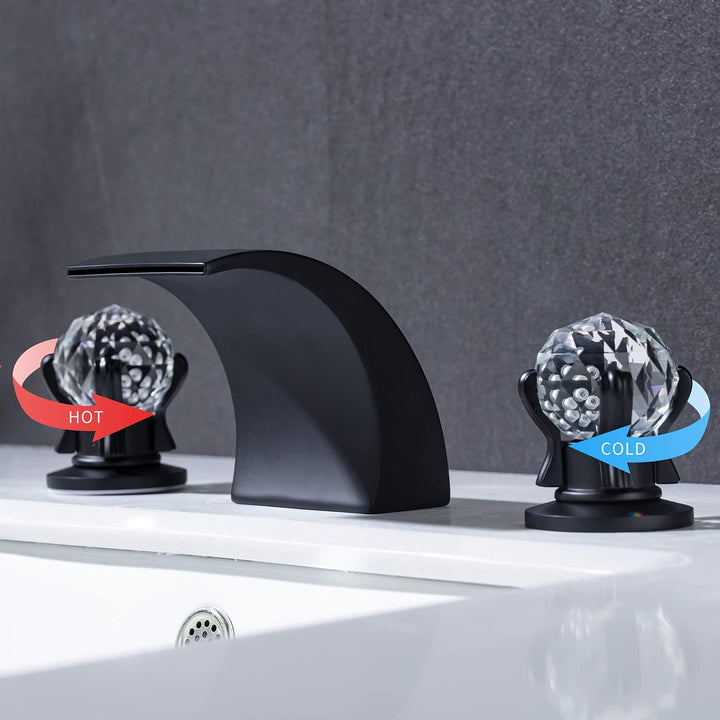 LED 8 Inch Widespread Bathroom Sink Faucet Deck Mount 3 Holes Waterfall Sink Faucet 2 Crystal Handle LED Basin Mixer Tap with 3-Colors Light Vanity Sink Faucet, Matte Black