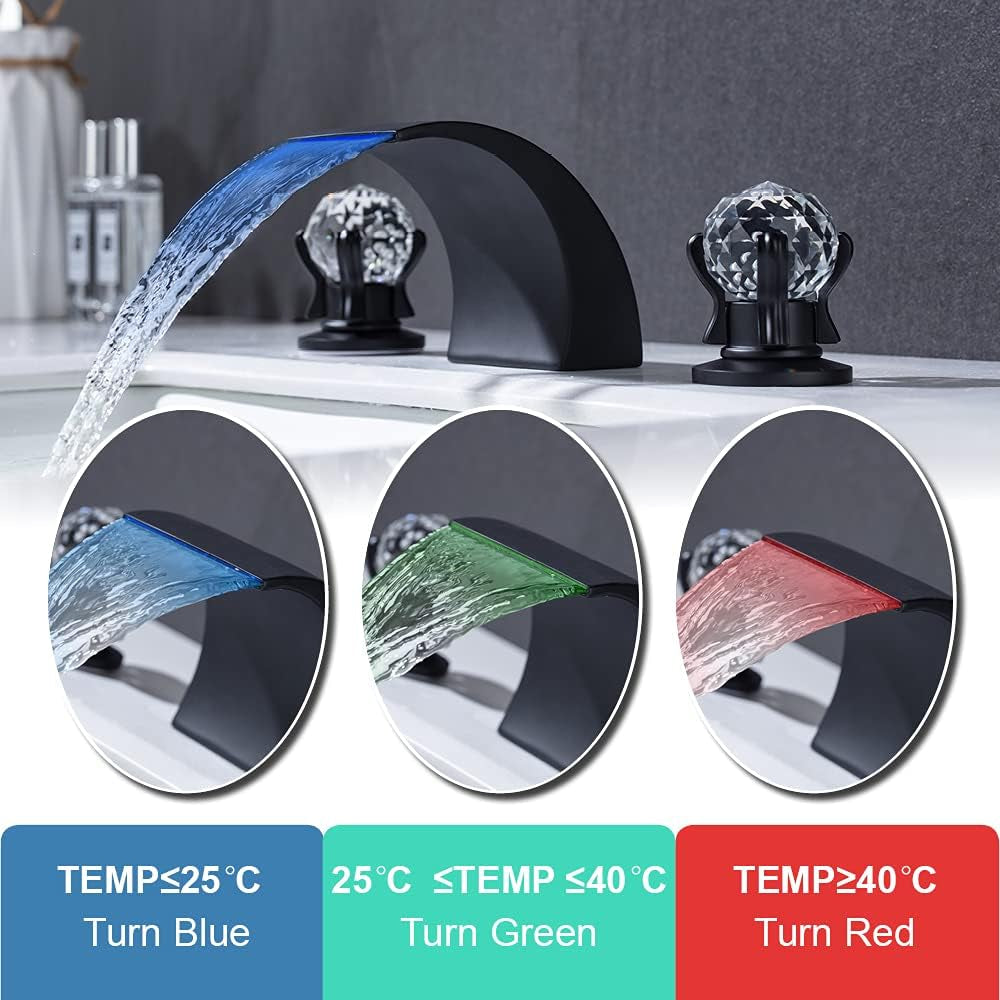 LED 8 Inch Widespread Bathroom Sink Faucet Deck Mount 3 Holes Waterfall Sink Faucet 2 Crystal Handle LED Basin Mixer Tap with 3-Colors Light Vanity Sink Faucet, Matte Black
