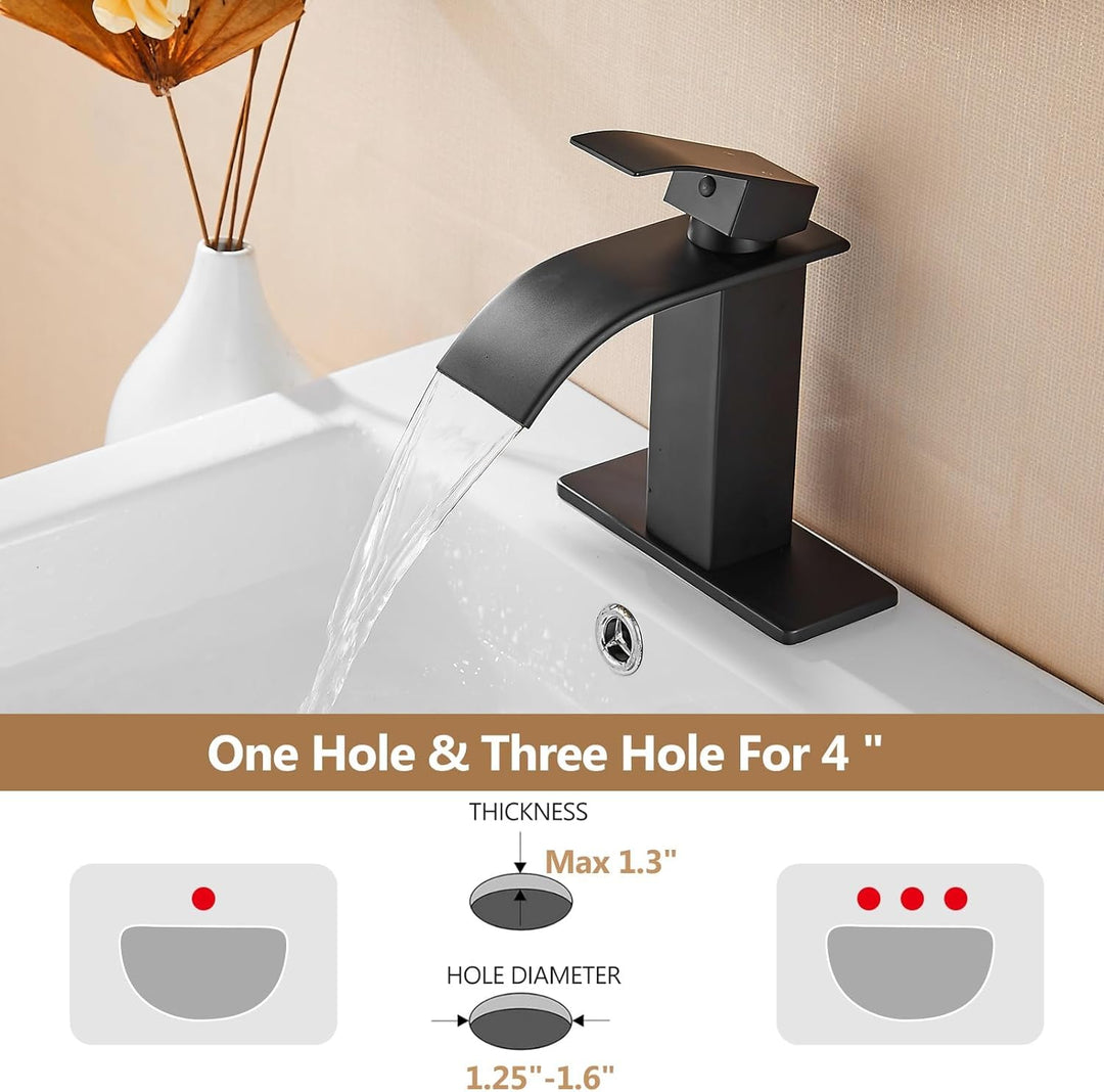 Black Bathroom Faucet Bathroom Taps 1 or 3 Hole Bathroom Sink Faucet Single Handle Washroom Waterfall Faucet with Deck and Pop-Up Drain