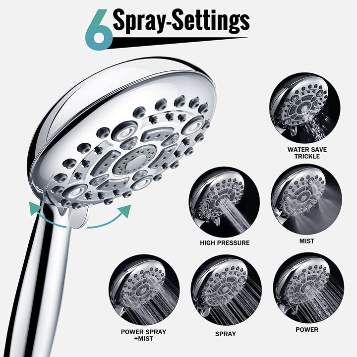 Shower Head,  6-Settings 5" High Pressure Handheld Shower Head Set with 2.45 Meter/96 Inch/ 8 FT Long Shower Hose and Shower Arm Mount with Brass Ball Joint,Chrome