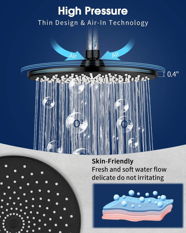 Rain Shower Head  9In High Pressure Showerhead - Tool Free Installation- with Large Spray Surfaces and 200 Nozzles for Delicate and Unstimulate Shower Experience (EM-001 Matte Black/Black)