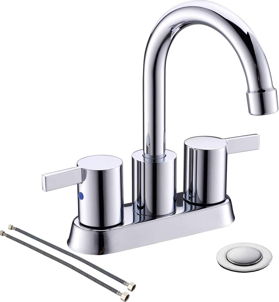 4 Inch 2 Handle Centerset Chrome Lead-Free Bathroom Faucet, Swivel Spout with Copper Pop up Drain and 2 Water Supply Lines, BF015-1-C