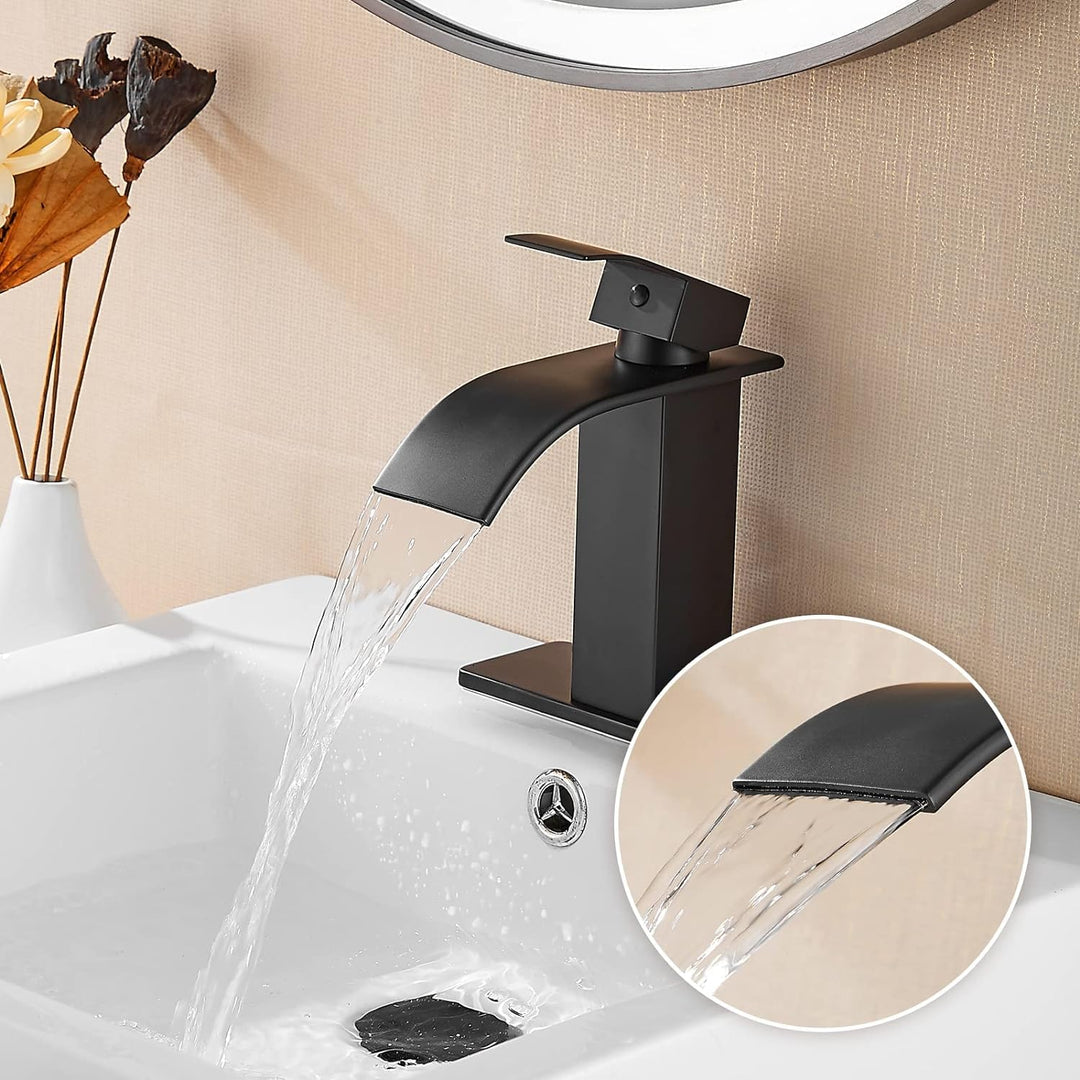 Black Bathroom Faucet Bathroom Taps 1 or 3 Hole Bathroom Sink Faucet Single Handle Washroom Waterfall Faucet with Deck and Pop-Up Drain