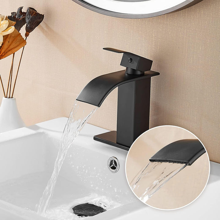 Black Bathroom Faucet Bathroom Taps 1 or 3 Hole Bathroom Sink Faucet Single Handle Washroom Waterfall Faucet with Deck and Pop-Up Drain