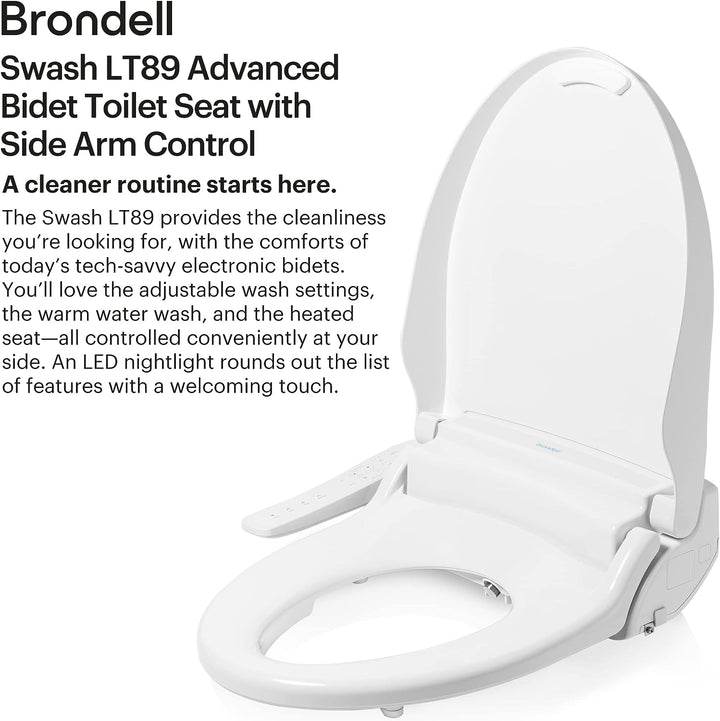 Swash Electronic Bidet Toilet Seat LT89, Fits Elongated Toilets, White – Side Arm Control, Warm Water Wash, Strong Wash Mode, Stainless-Steel Nozzle, Nightlight and Easy Installation