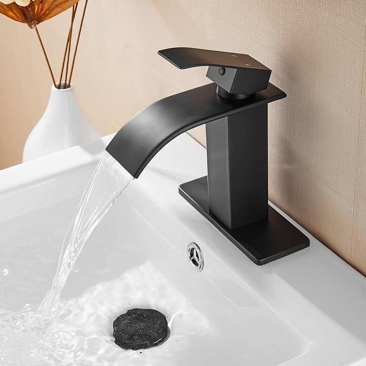 Black Bathroom Faucet Bathroom Taps 1 or 3 Hole Bathroom Sink Faucet Single Handle Washroom Waterfall Faucet with Deck and Pop-Up Drain