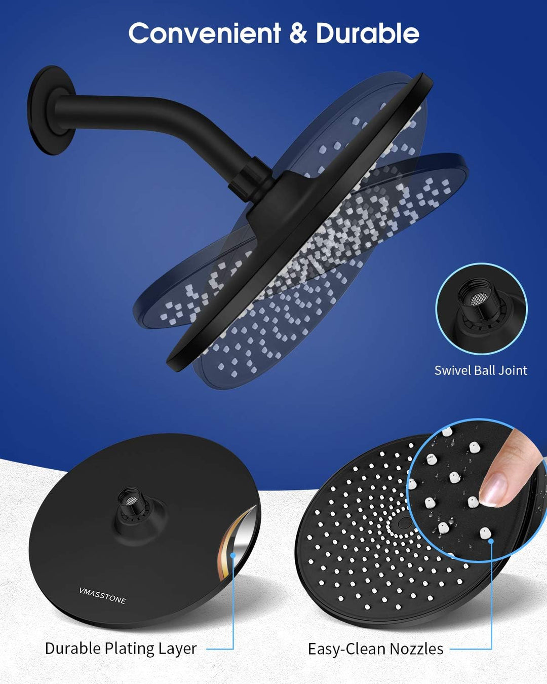 Rain Shower Head  9In High Pressure Showerhead - Tool Free Installation- with Large Spray Surfaces and 200 Nozzles for Delicate and Unstimulate Shower Experience (EM-001 Matte Black/Black)