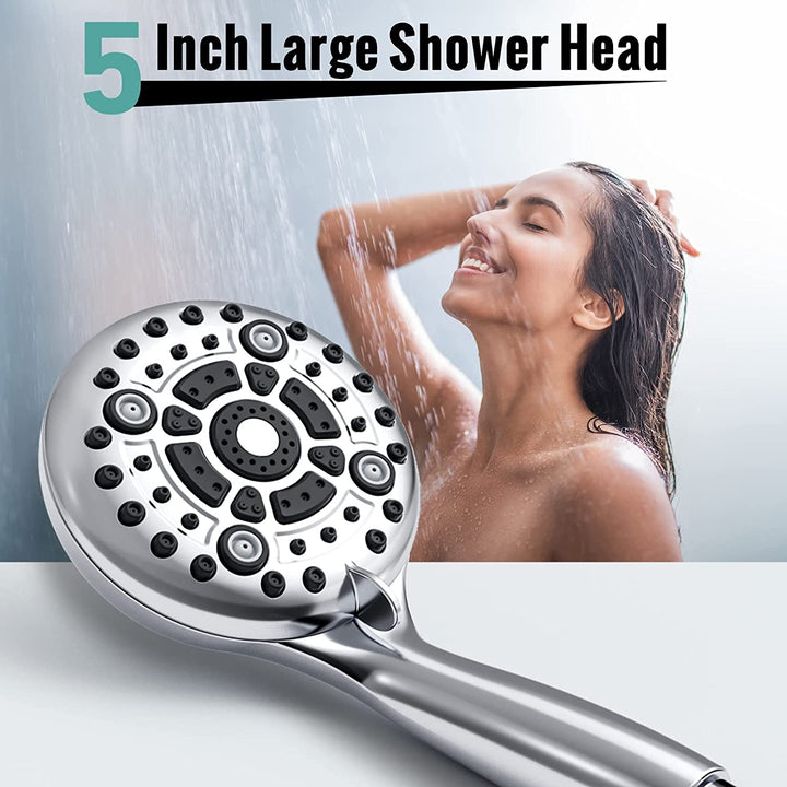 Shower Head,  6-Settings 5" High Pressure Handheld Shower Head Set with 2.45 Meter/96 Inch/ 8 FT Long Shower Hose and Shower Arm Mount with Brass Ball Joint,Chrome