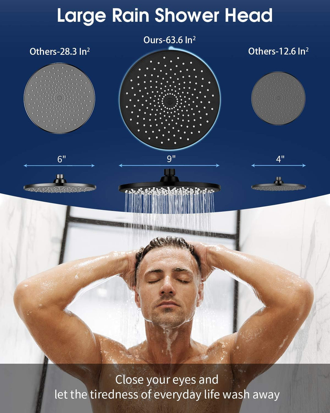 Rain Shower Head  9In High Pressure Showerhead - Tool Free Installation- with Large Spray Surfaces and 200 Nozzles for Delicate and Unstimulate Shower Experience (EM-001 Matte Black/Black)