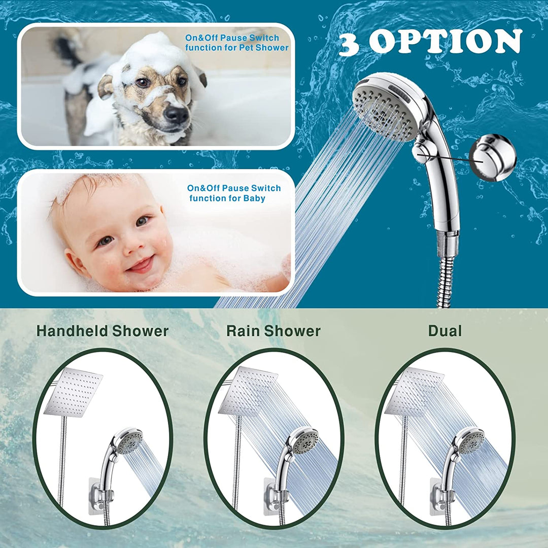 Shower Head with Handheld, High Pressure 8'' Rainfall Stainless Steel Handheld Shower with ON/OFF Pause Switch Shower Combo with Hose,Adhesive Shower Head Holder