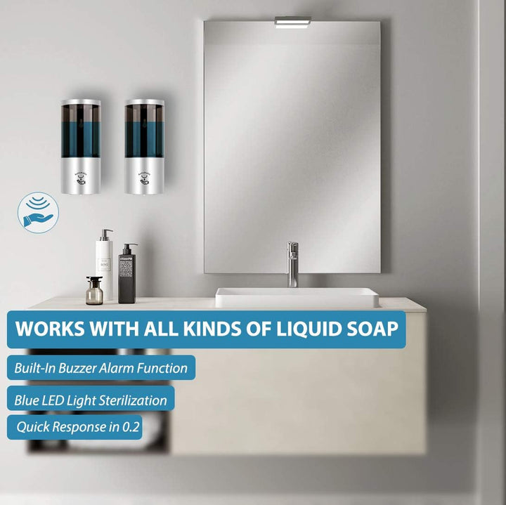 Automatic Soap Dispenser Hand Sanitizer Dispenser Wall Mount Touchless Soap Dispenser with Infrared Sensor, Battery Operated, Adjustable Volume, Bathroom Restroom Washroom 500Ml (Silver)