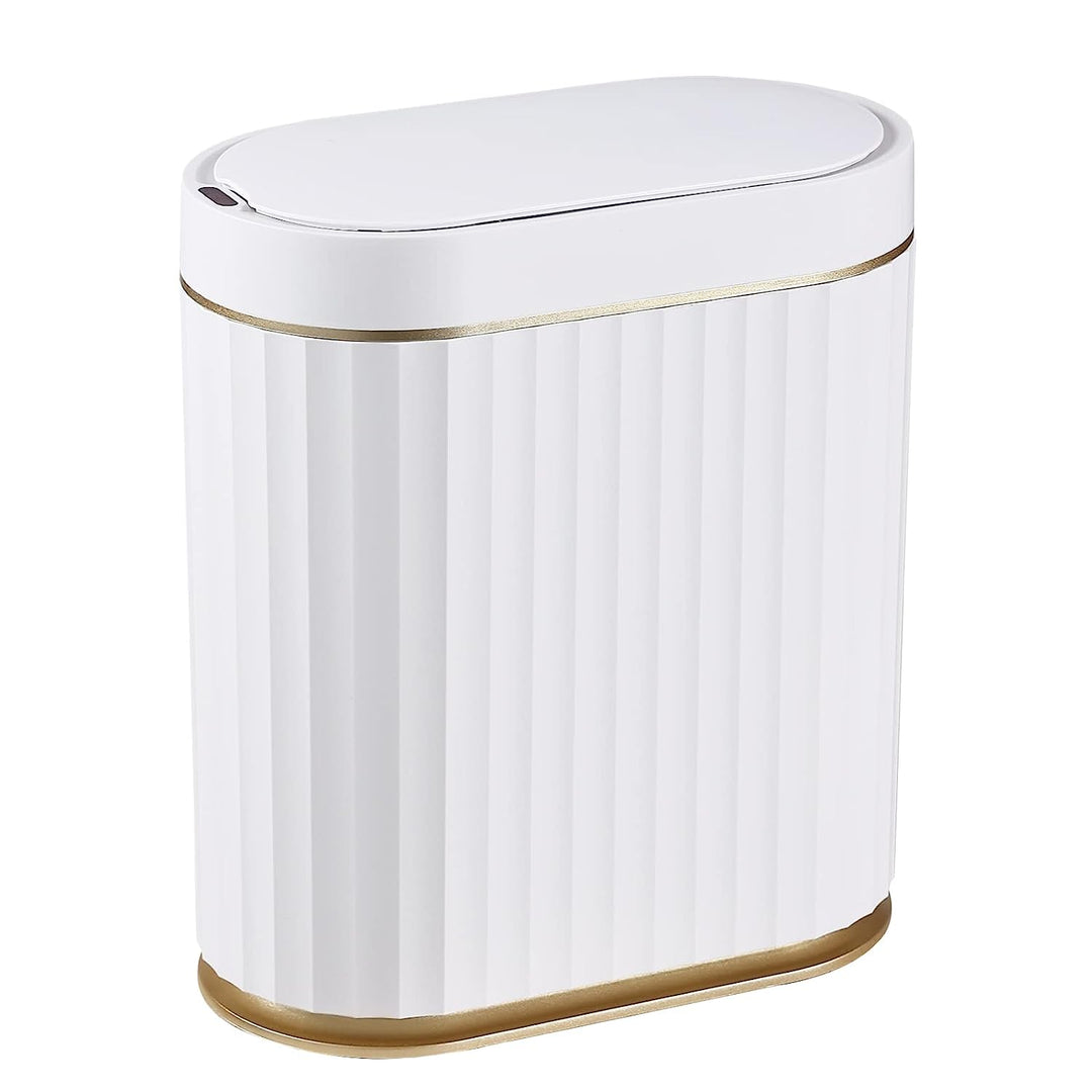 Automatic Motion Sensor Trash Can - 2 Gallon Slimline for Bathroom, Bedroom, Kitchen, Office - White with Gold Trim
