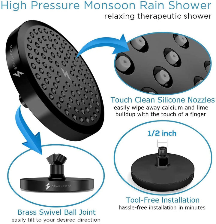 Shower Head - High Pressure Rain - Luxury Modern Look - Tool-Less 1-Min Installation - Adjustable Replacement for Your Bathroom Shower Heads (Midnight Black Matte, 6 Inch Round)