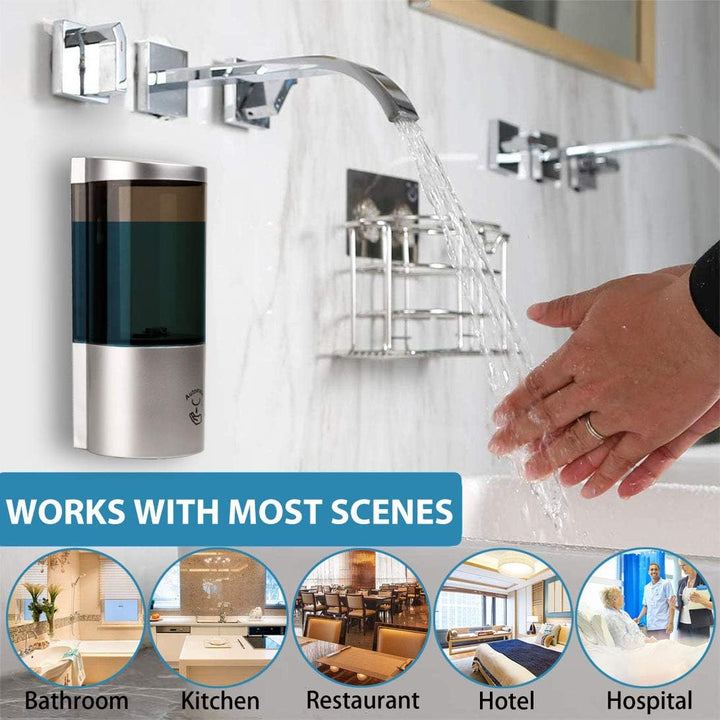 Automatic Soap Dispenser Hand Sanitizer Dispenser Wall Mount Touchless Soap Dispenser with Infrared Sensor, Battery Operated, Adjustable Volume, Bathroom Restroom Washroom 500Ml (Silver)