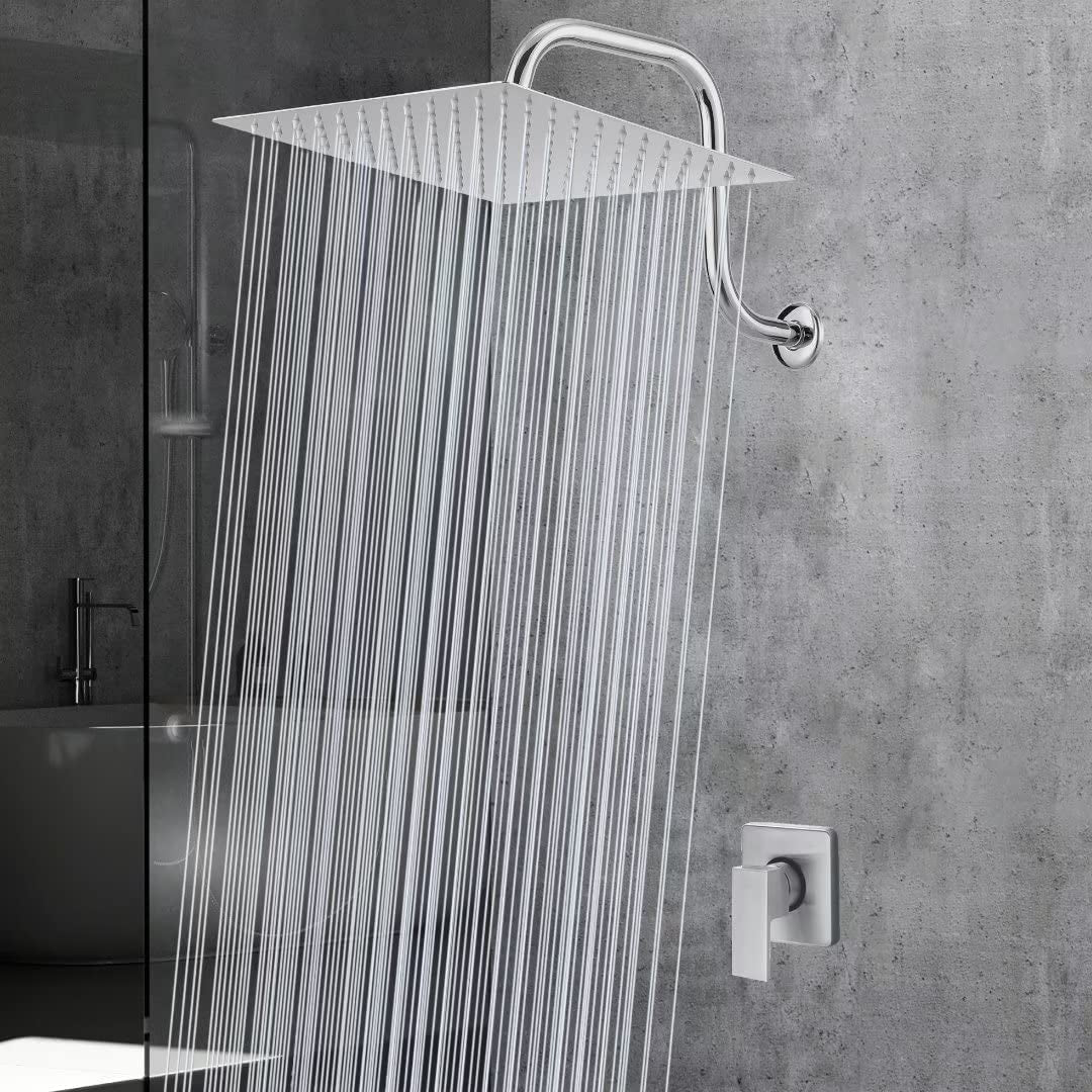 Rain Shower Head with Goose Neck Curve Arm, All Metal Waterfall Rainfall Showerhead, High Flow Bathroom Square Large Shower Head(12’’ Shower Head with 13’’ Shower Arm, Brushed Nickel)