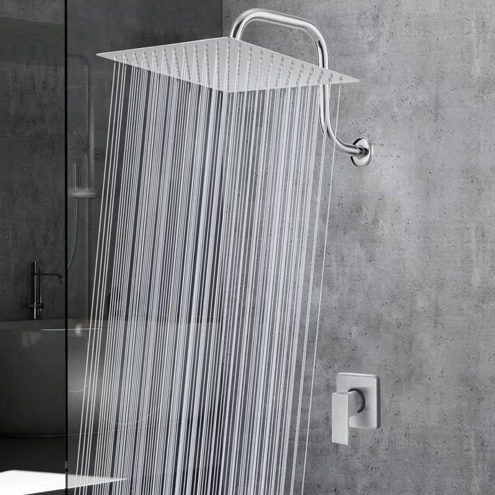 Rain Shower Head with Goose Neck Curve Arm, All Metal Waterfall Rainfall Showerhead, High Flow Bathroom Square Large Shower Head(12’’ Shower Head with 13’’ Shower Arm, Brushed Nickel)