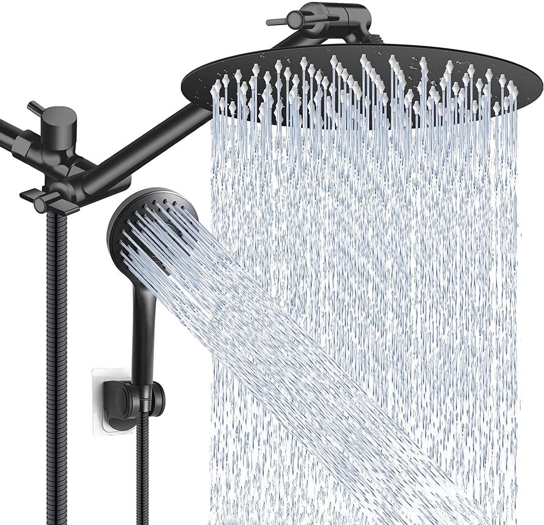 Shower Head Combo,10 Inch High Pressure round Rain Shower Head with 11 Inch Adjustable Extension Arm and 5 Settings Handheld Shower Head,Powerful Shower Spray against Low Pressure Water - Matte Black