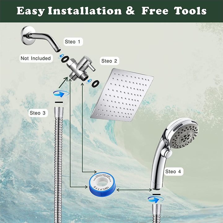 Shower Head with Handheld, High Pressure 8'' Rainfall Stainless Steel Handheld Shower with ON/OFF Pause Switch Shower Combo with Hose,Adhesive Shower Head Holder