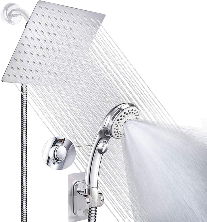 Shower Head with Handheld, High Pressure 8'' Rainfall Stainless Steel Handheld Shower with ON/OFF Pause Switch Shower Combo with Hose,Adhesive Shower Head Holder