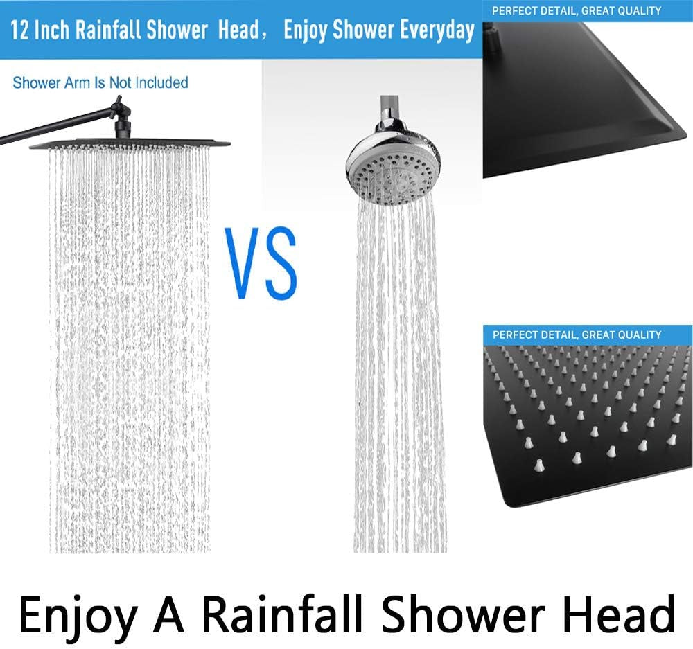 Rain Shower Head with 11’’ Adjustable Extension Arm, Large Stainless Steel High Flow Rainfall Square Shower Head, Bath Shower Waterfall Full Body Coverage (12 Inch Showerhead with Arm, Matte Black)