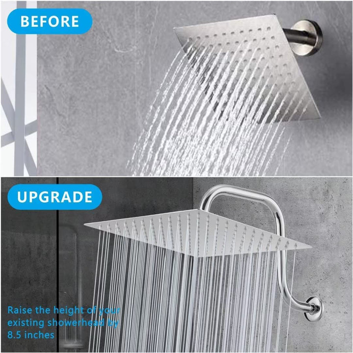 Rain Shower Head with Goose Neck Curve Arm, All Metal Waterfall Rainfall Showerhead, High Flow Bathroom Square Large Shower Head(12’’ Shower Head with 13’’ Shower Arm, Brushed Nickel)