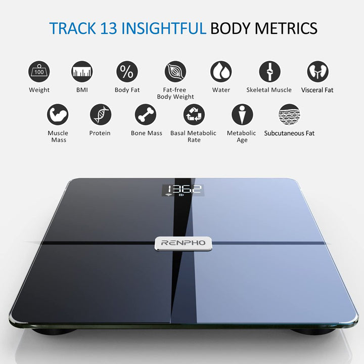 Wi-Fi Bluetooth Body Fat Scale, Body Weight Scale, Smart BMI Scale, Digital Scale, Wireless Body Composition Analysis & Health Monitor with ITO Coating Technology, Black