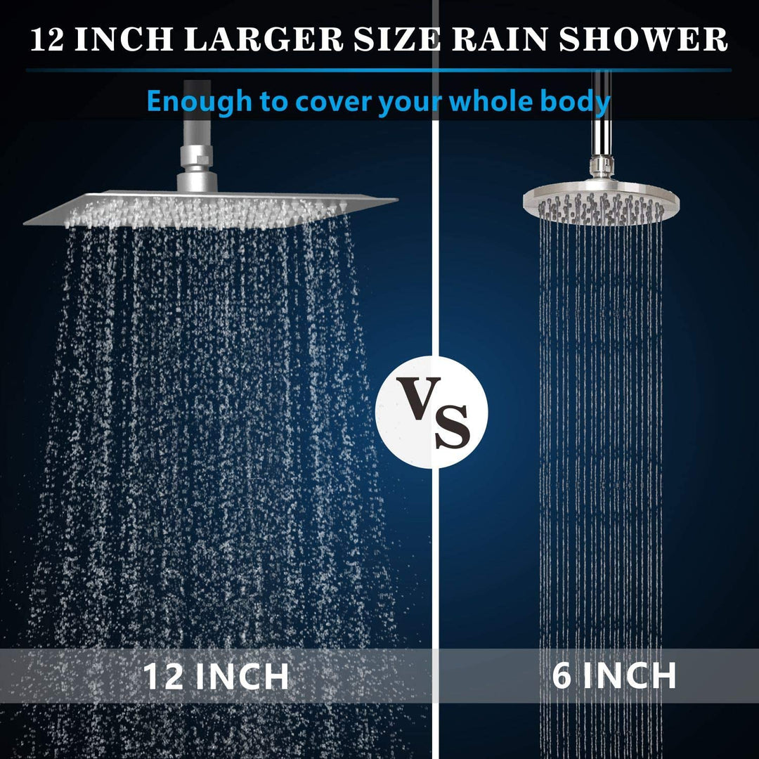 Rain Shower Head with Goose Neck Curve Arm, All Metal Waterfall Rainfall Showerhead, High Flow Bathroom Square Large Shower Head(12’’ Shower Head with 13’’ Shower Arm, Brushed Nickel)